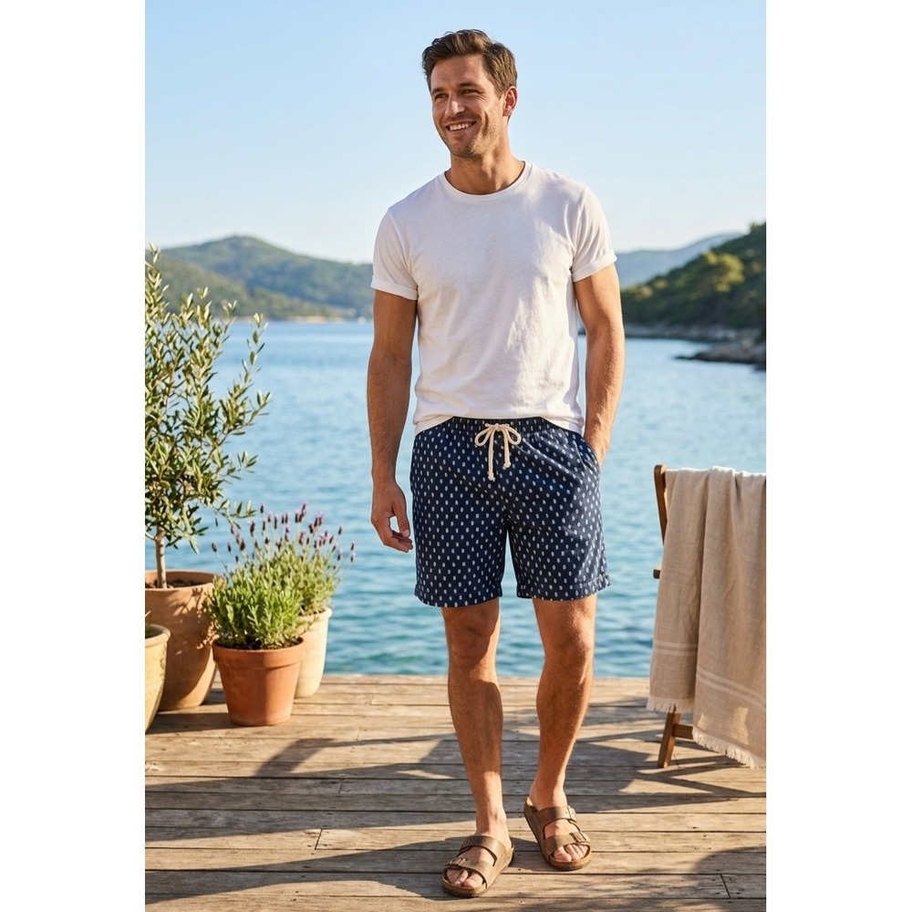 Old Navy Mens Navy Blue Ikat Square Print Drawstring Shorts Size L 7 Inch Inseam